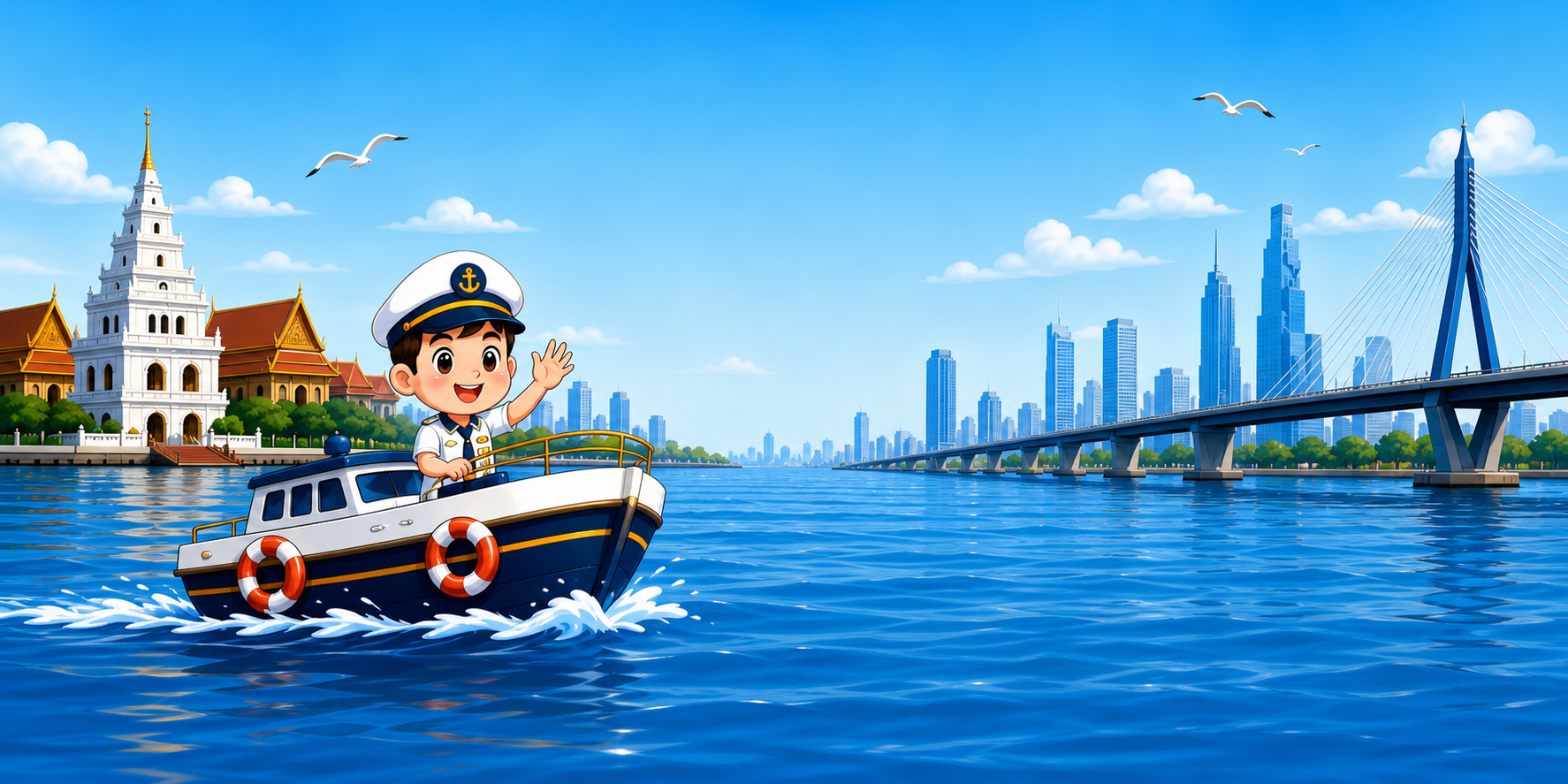 ภาพการ์ตูนเรือบริการริมแม่น้ำ ท่าเรือ วัด และสะพาน